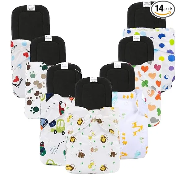 Babymoon | Set of 14 | Cloth Diaper with 5Layers Grey Insert Premium Adjustable Reusable Cloth Diaper