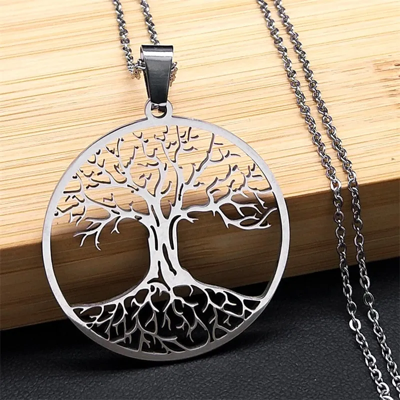 Fashion Tree of Life Silver Color Chain Necklaces for Women Stainless Steel Chain Necklace Jewelry cadenas mujer N42S01