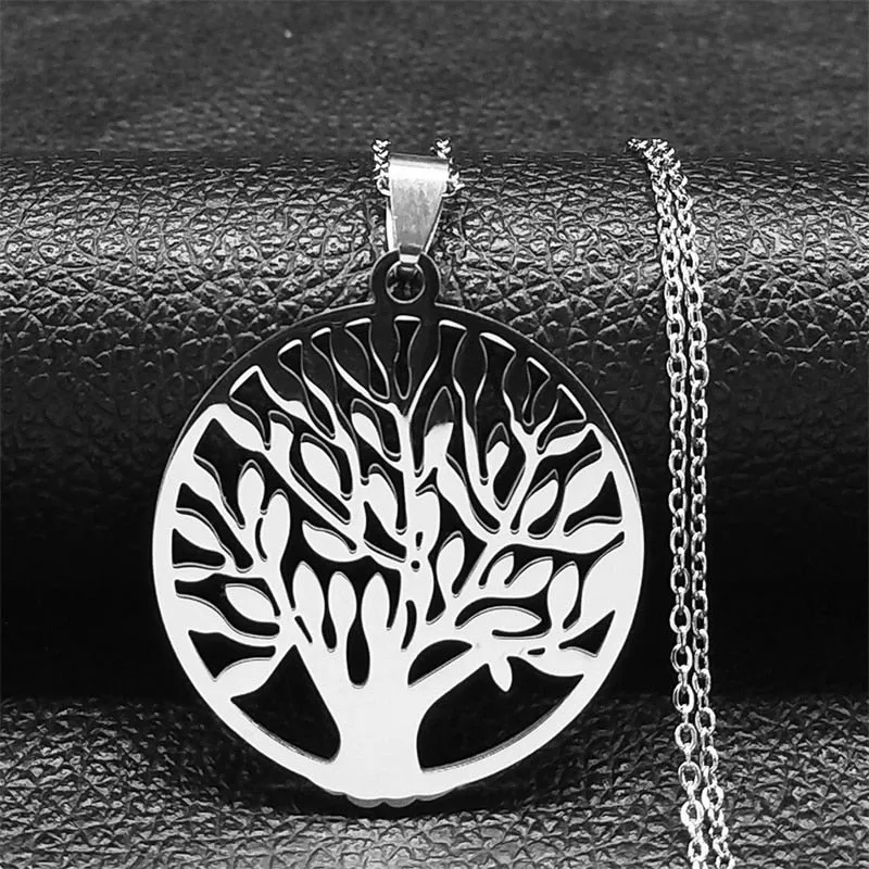 Fashion Tree of Life Silver Color Chain Necklaces for Women Stainless Steel Chain Necklace Jewelry cadenas mujer N42S01