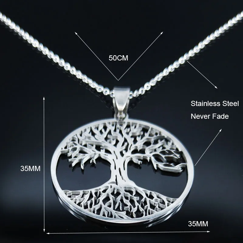 Fashion Tree of Life Silver Color Chain Necklaces for Women Stainless Steel Chain Necklace Jewelry cadenas mujer N42S01