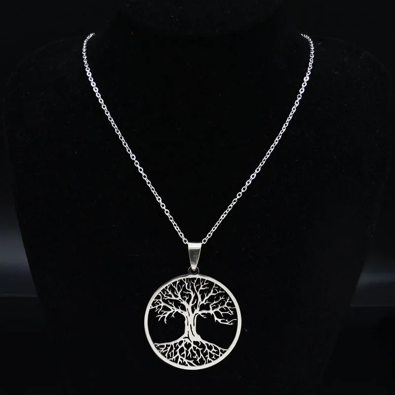 Fashion Tree of Life Silver Color Chain Necklaces for Women Stainless Steel Chain Necklace Jewelry cadenas mujer N42S01