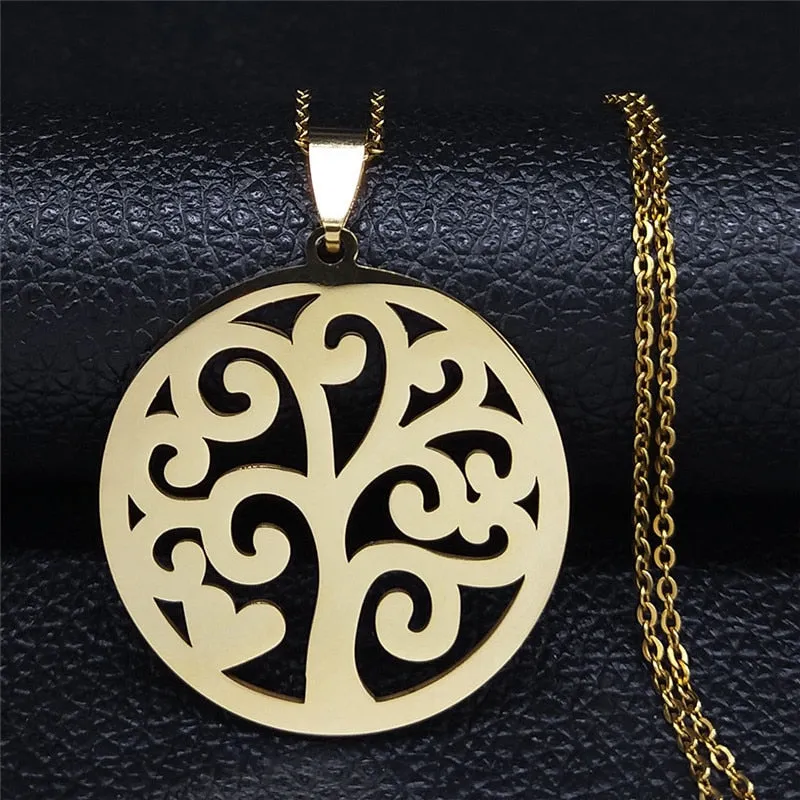 Fashion Tree of Life Silver Color Chain Necklaces for Women Stainless Steel Chain Necklace Jewelry cadenas mujer N42S01