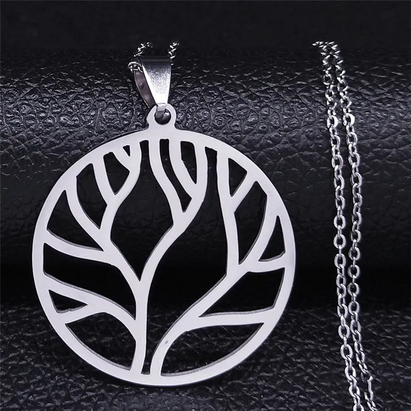 Fashion Tree of Life Silver Color Chain Necklaces for Women Stainless Steel Chain Necklace Jewelry cadenas mujer N42S01