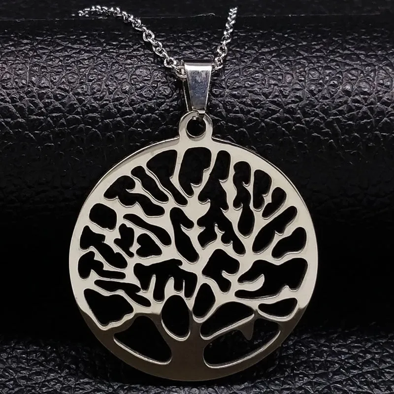 Fashion Tree of Life Silver Color Chain Necklaces for Women Stainless Steel Chain Necklace Jewelry cadenas mujer N42S01