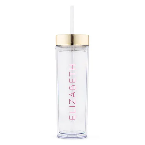 GOLD PERSONALIZED PLASTIC DRINK TUMBLER - CONTEMPORARY VERTICAL LINE PRINTING