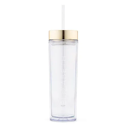GOLD PERSONALIZED PLASTIC DRINK TUMBLER - CONTEMPORARY VERTICAL LINE PRINTING