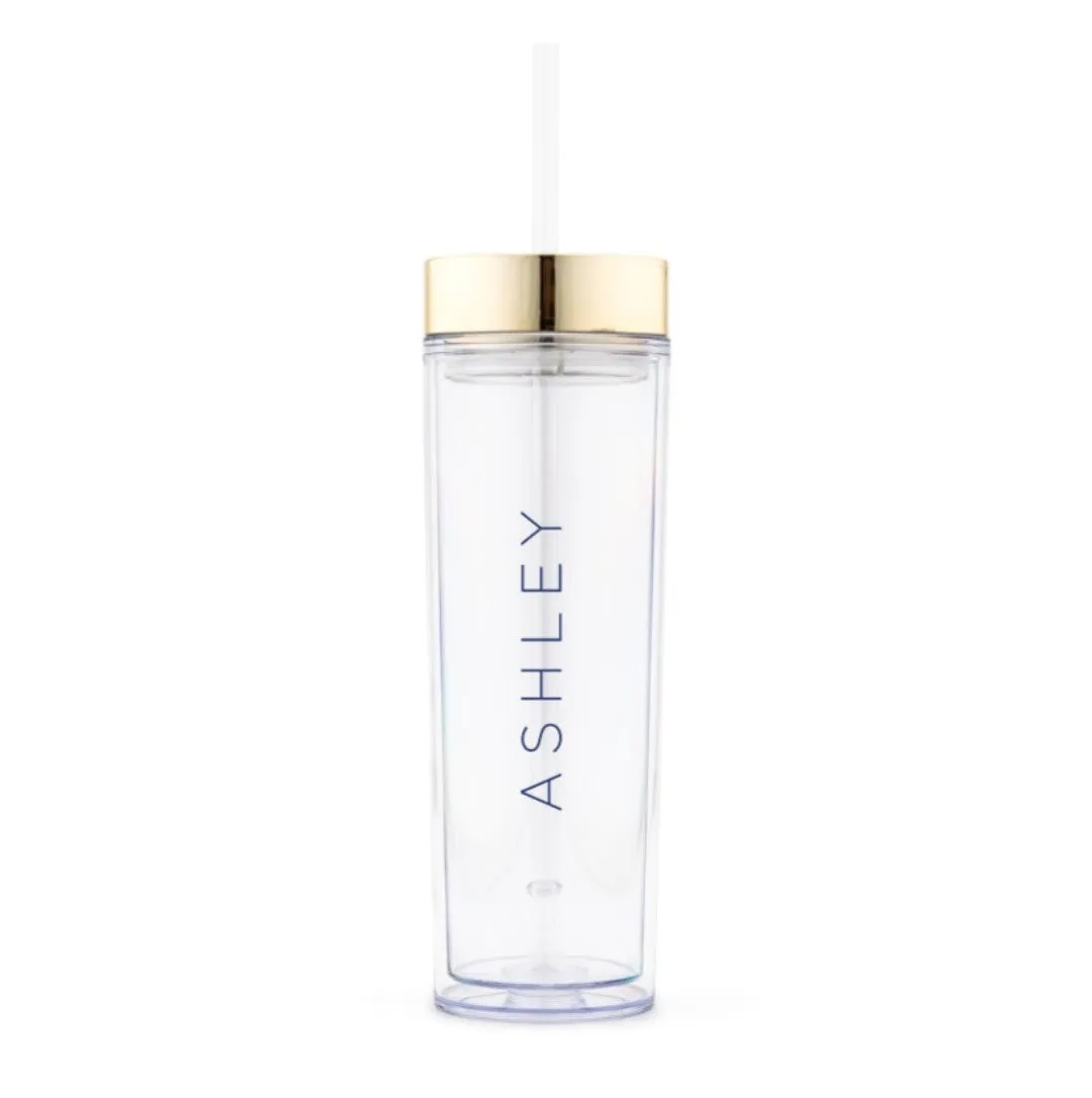 GOLD PERSONALIZED PLASTIC DRINK TUMBLER - CONTEMPORARY VERTICAL LINE PRINTING