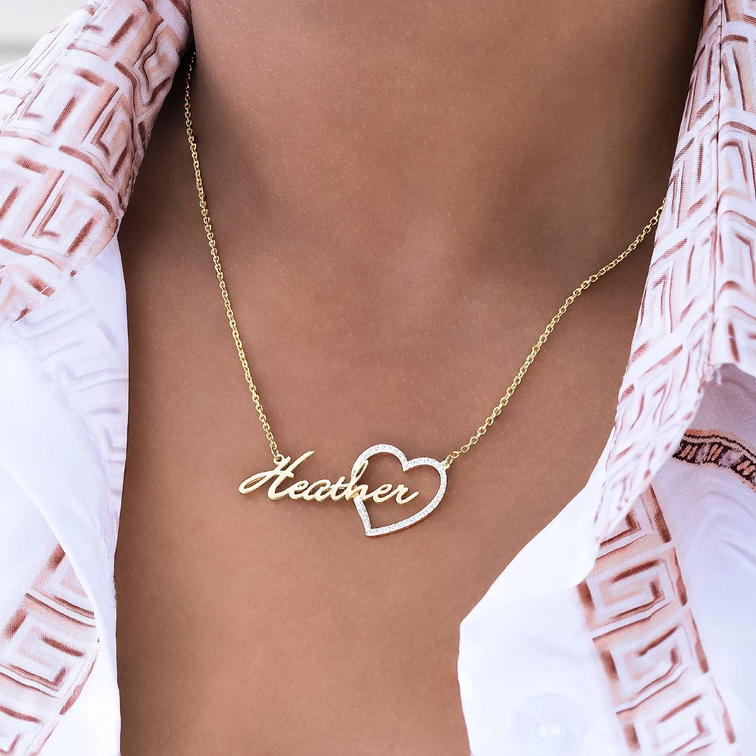 Iced Out Single Plated Nameplate Necklace Heather with Heart