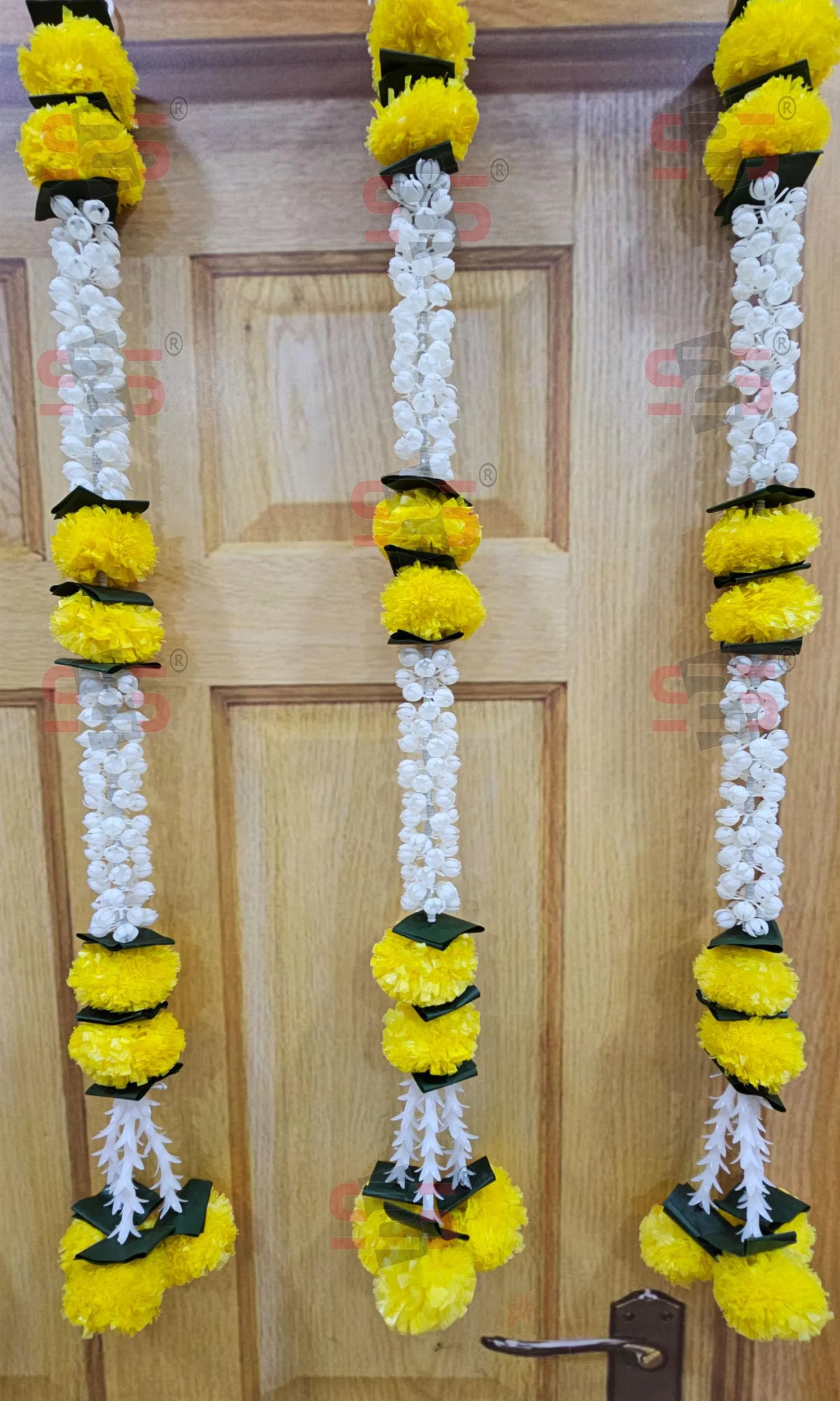S2S Artificial Marigold Jasmine,Mogra Flower,Green Leaves Tassles Garlands Ladi Strings for Decoration of Home,Balcony,Wall Hangings,Hall | Pack of 5 | (Height- 30 Inch) (MOGRA Yelllow Flowers)