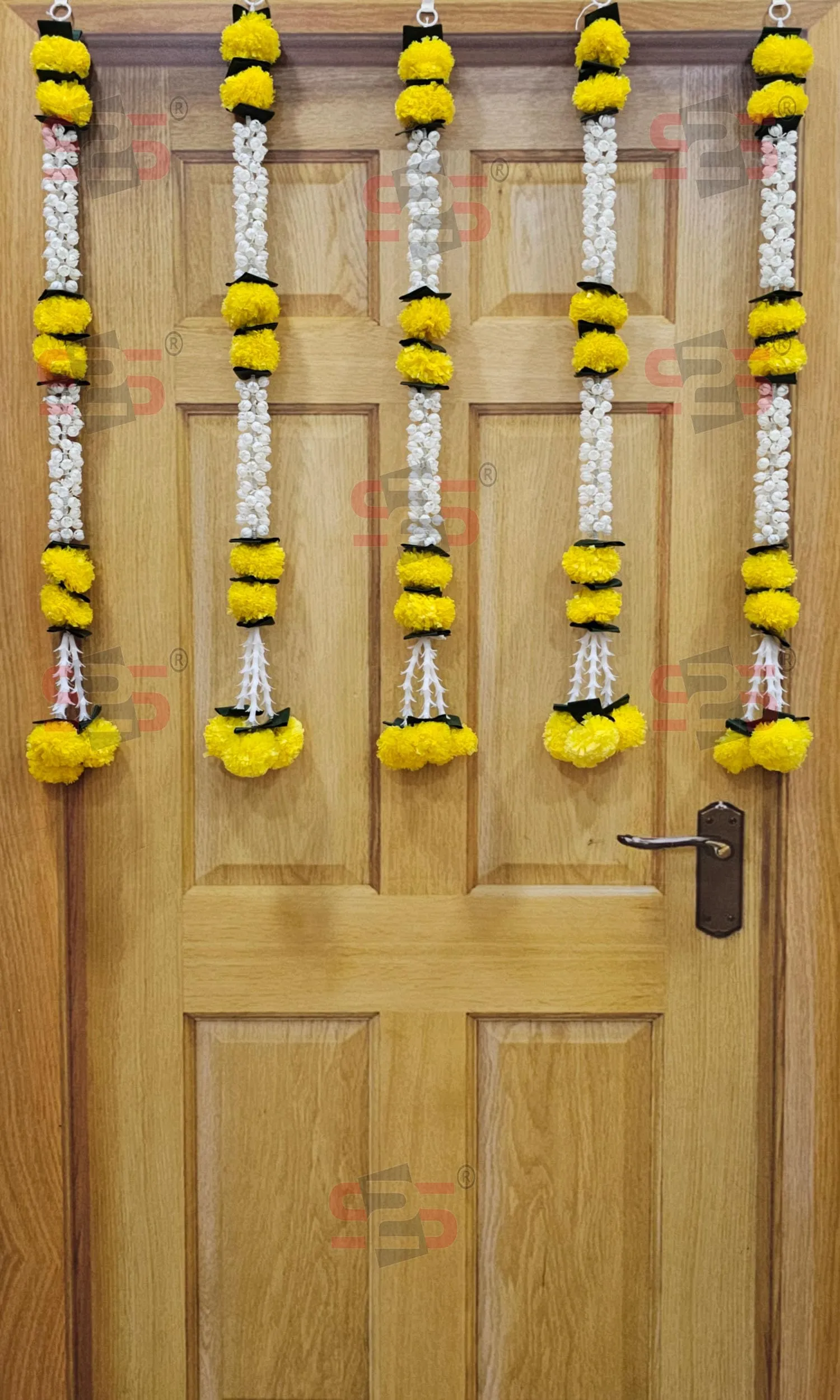 S2S Artificial Marigold Jasmine,Mogra Flower,Green Leaves Tassles Garlands Ladi Strings for Decoration of Home,Balcony,Wall Hangings,Hall | Pack of 5 | (Height- 30 Inch) (MOGRA Yelllow Flowers)